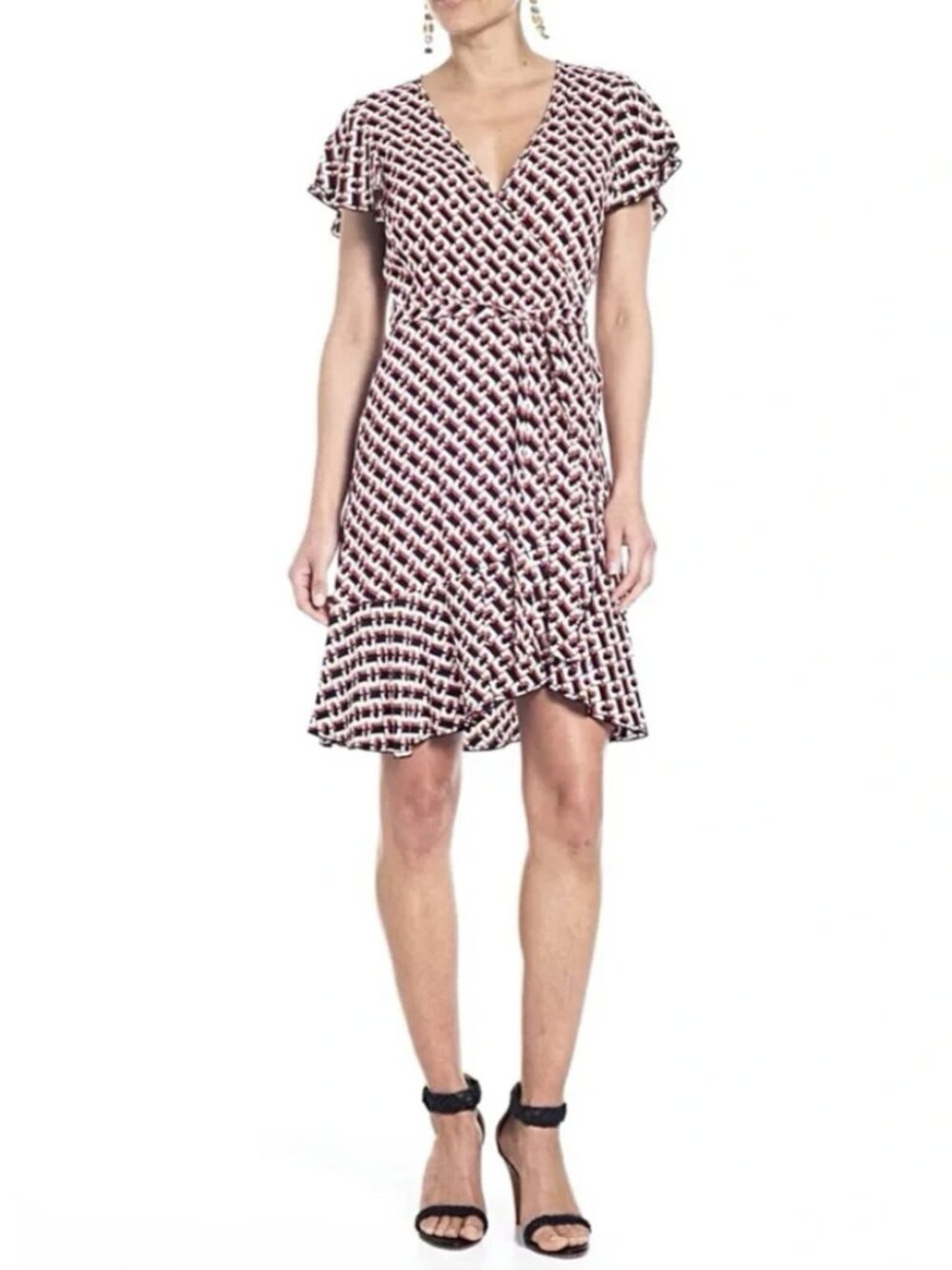 Diane von Furstenberg Emilia Geometric Mini Wrap Dress Puff Sleeve Red Size XS